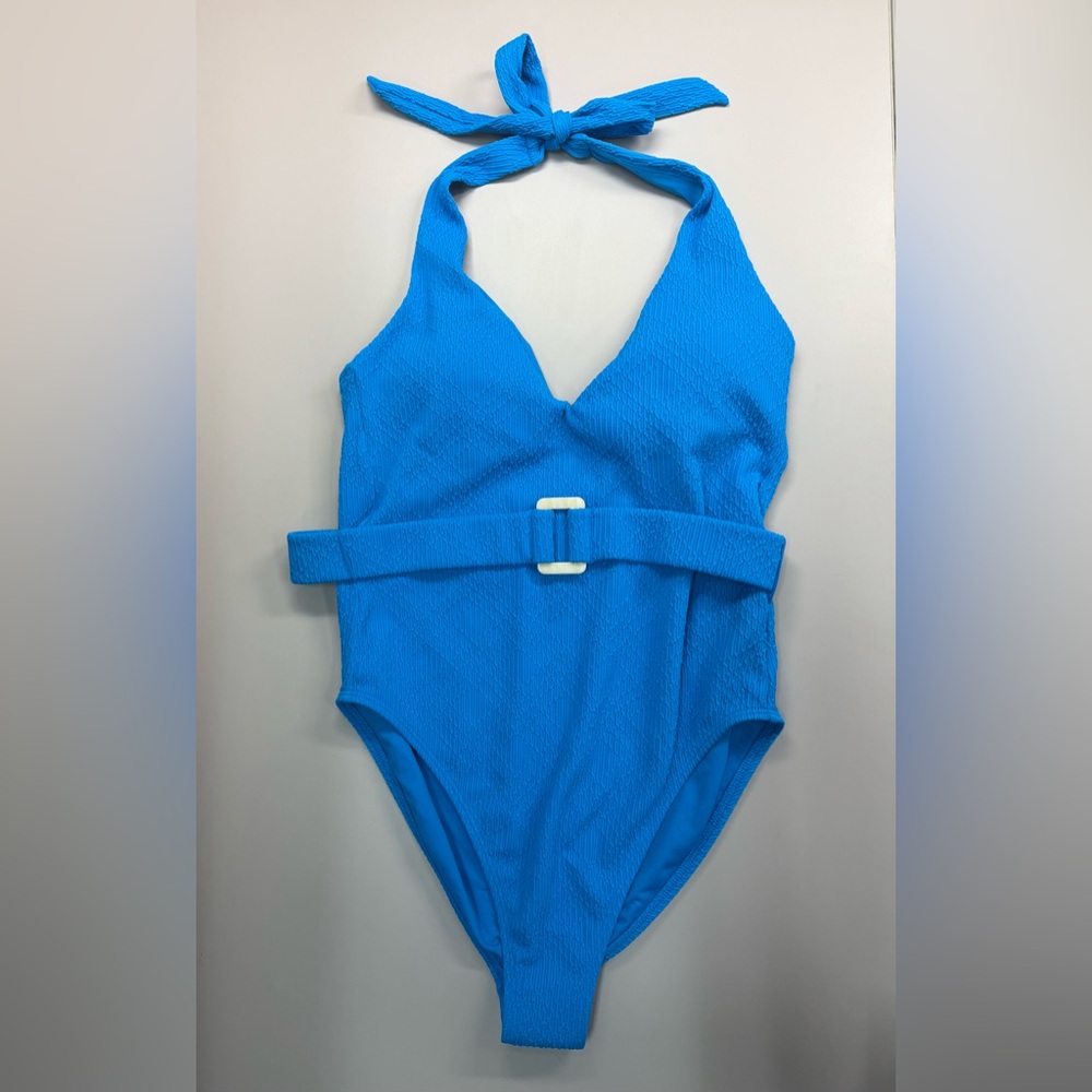 Shade & Shore Women’s Ottoman Ribbed Plunge High Leg Blue One Piece Swimsuit - M